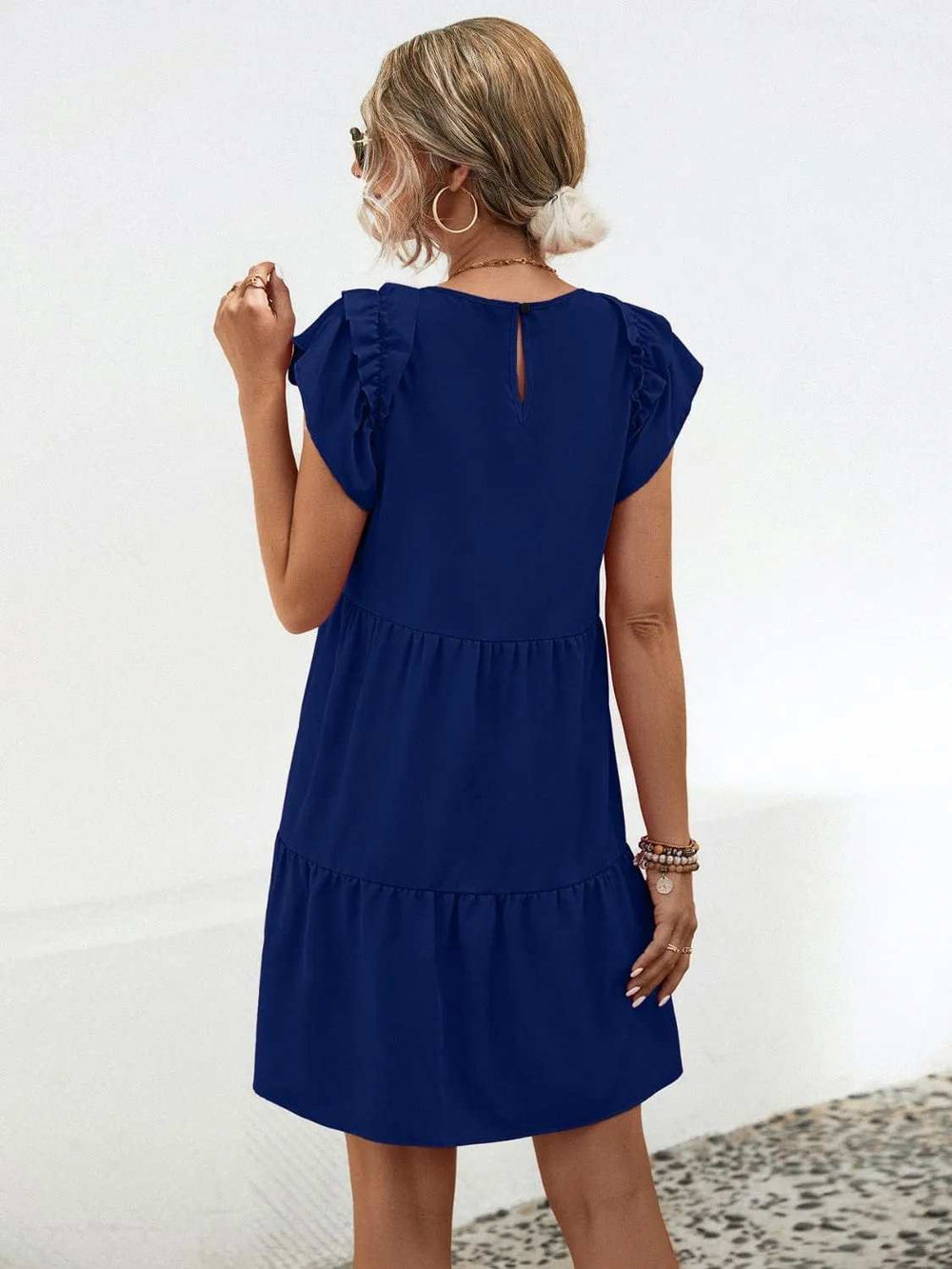 Ruffled Round Neck Cap Sleeve Mini Dress - Trendsi - Flyclothing LLC