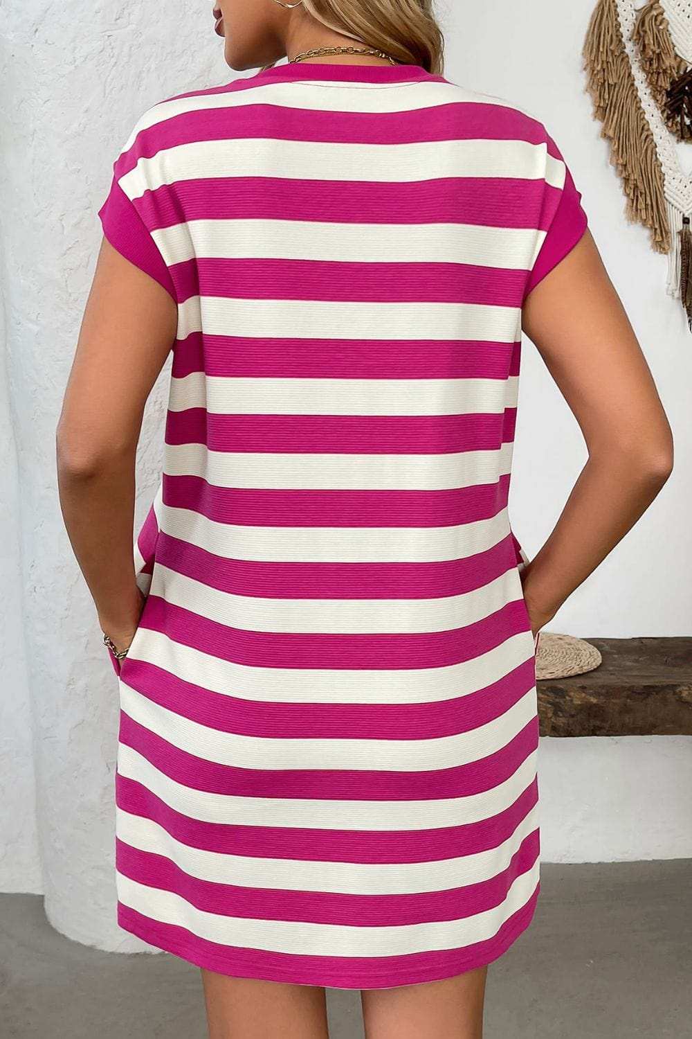 Contrast Striped Round Neck Short Sleeve Mini Dress - Trendsi - Flyclothing LLC