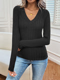 Ribbed V-Neck Long Sleeve T-Shirt - Trendsi