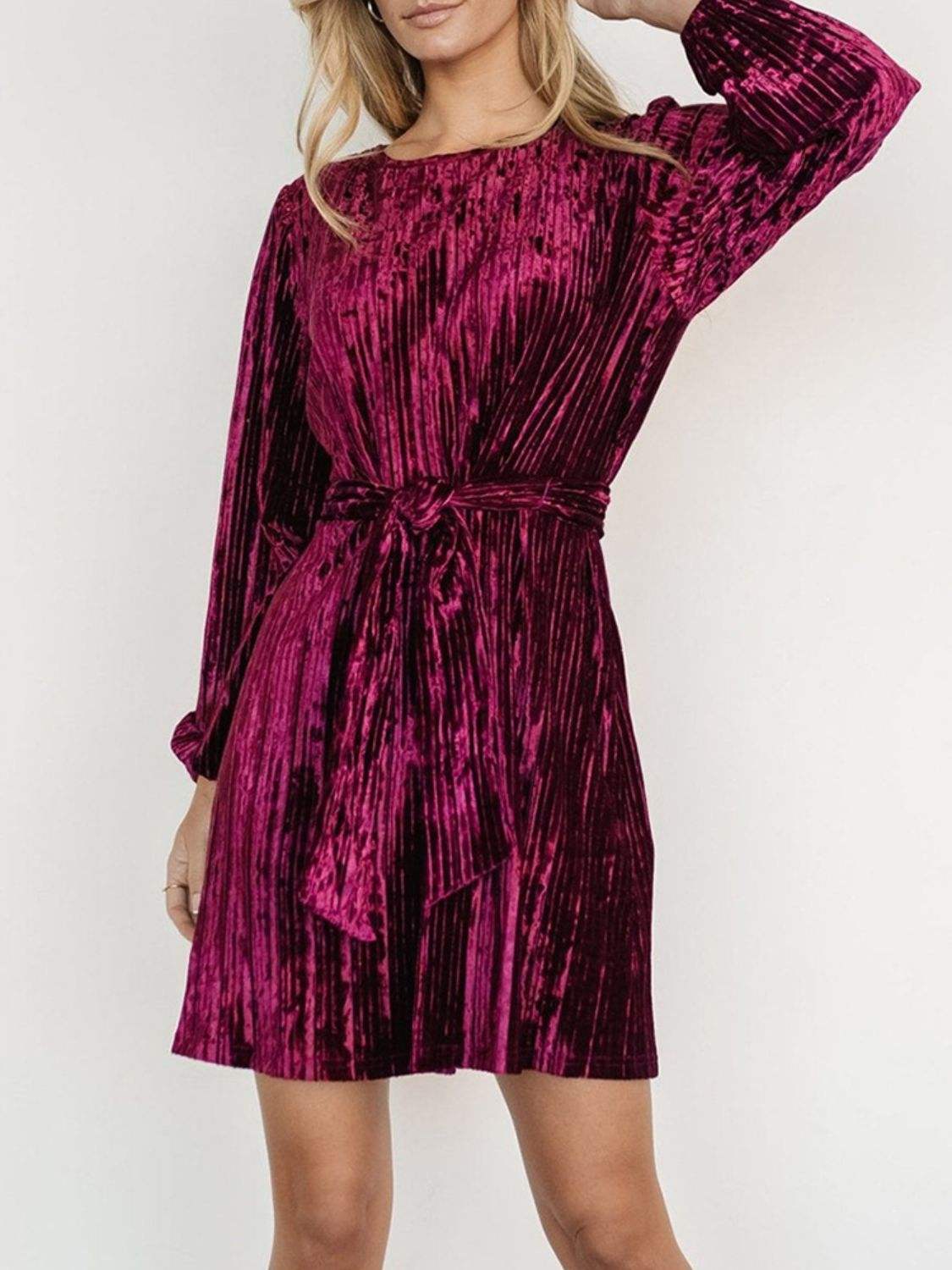 Velvet Round Neck Tie Waist Long Sleeve Mini Dress - Trendsi - Flyclothing LLC