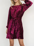 Velvet Round Neck Tie Waist Long Sleeve Mini Dress - Trendsi
