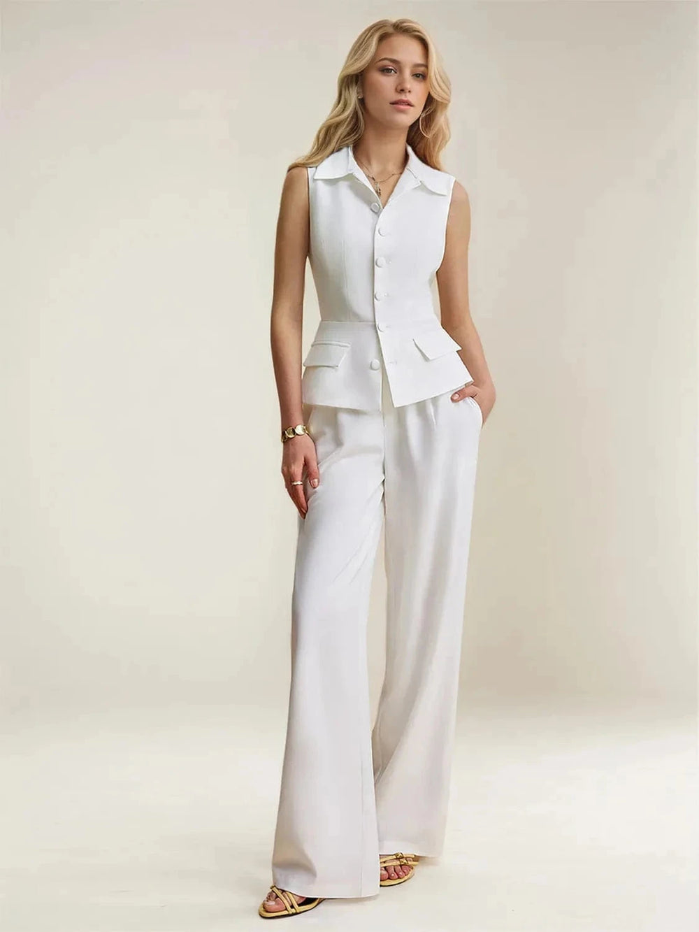 Button Up Vest and Pants Suit Set - Trendsi