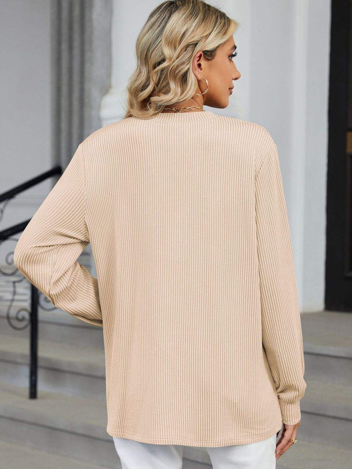 Striped Notched Long Sleeve T-Shirt - Trendsi - Flyclothing LLC