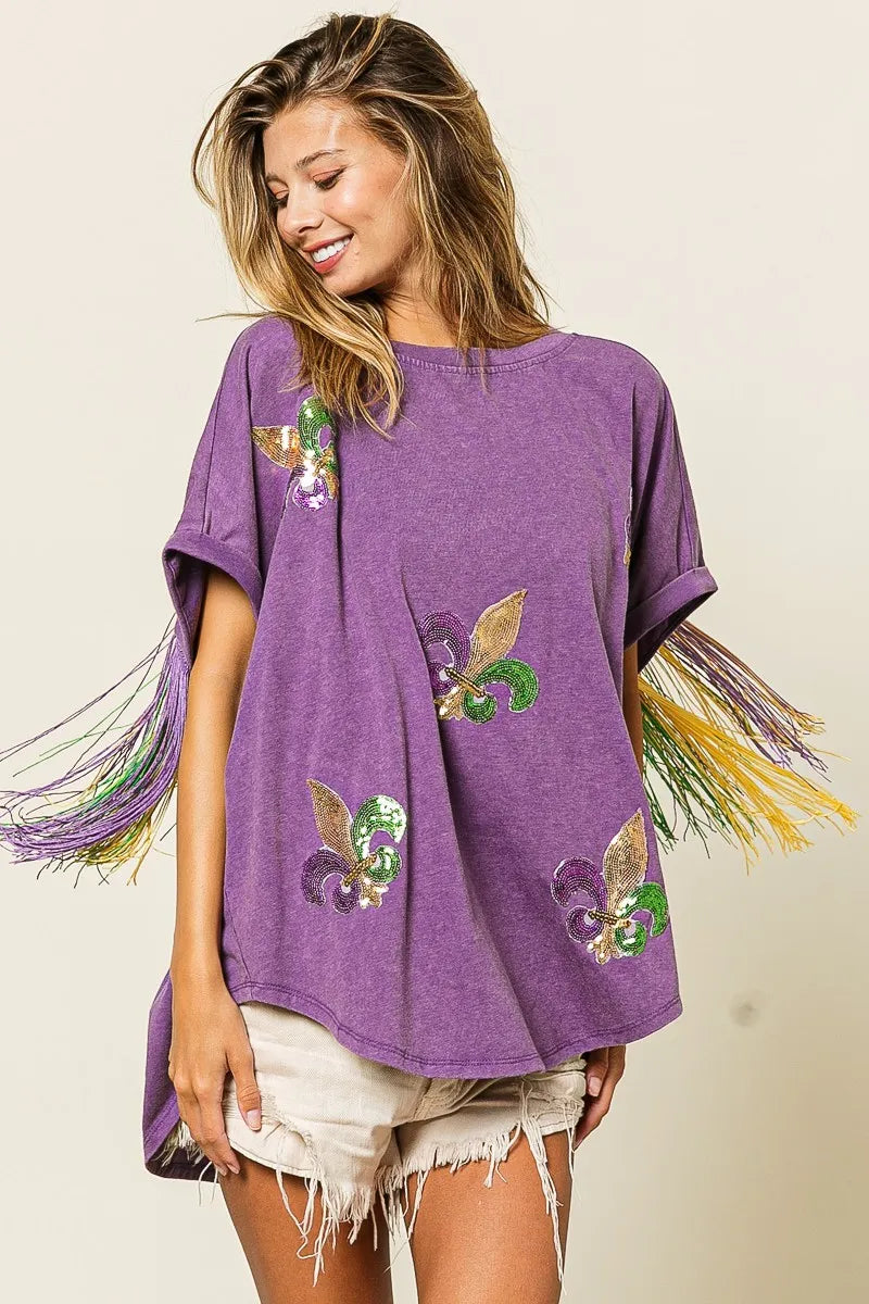 BiBi Vintage Washed Fleur Mardi Gras Top - Trendsi