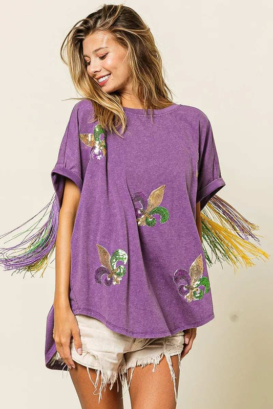 BiBi Vintage Washed Fleur Mardi Gras Top - Trendsi - Flyclothing LLC