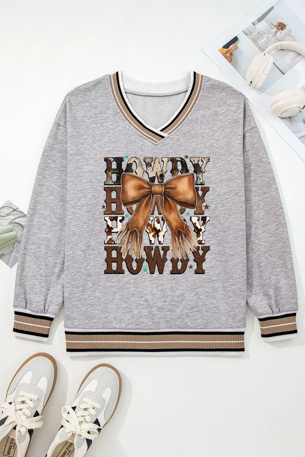 Howdy Graphic V-Neck Sweatshirt - Trendsi - Flyclothing LLC
