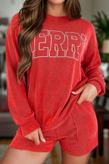MERRY Round Neck Long Sleeve Top and Shorts Lounge Set - Trendsi - Flyclothing LLC