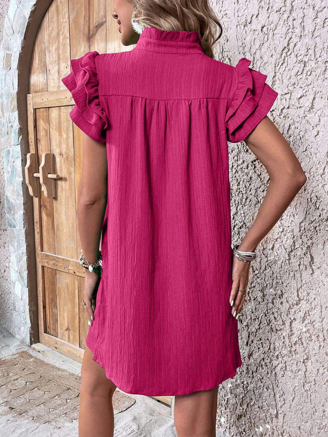 Ruffled Notched Cap Sleeve Mini Dress - Trendsi - Flyclothing LLC