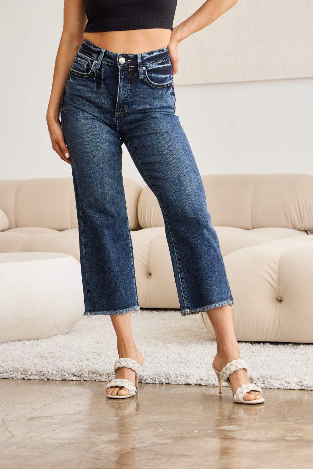 RFM Full Size Tummy Control High Waist Raw Hem Jeans - Trendsi - Flyclothing LLC