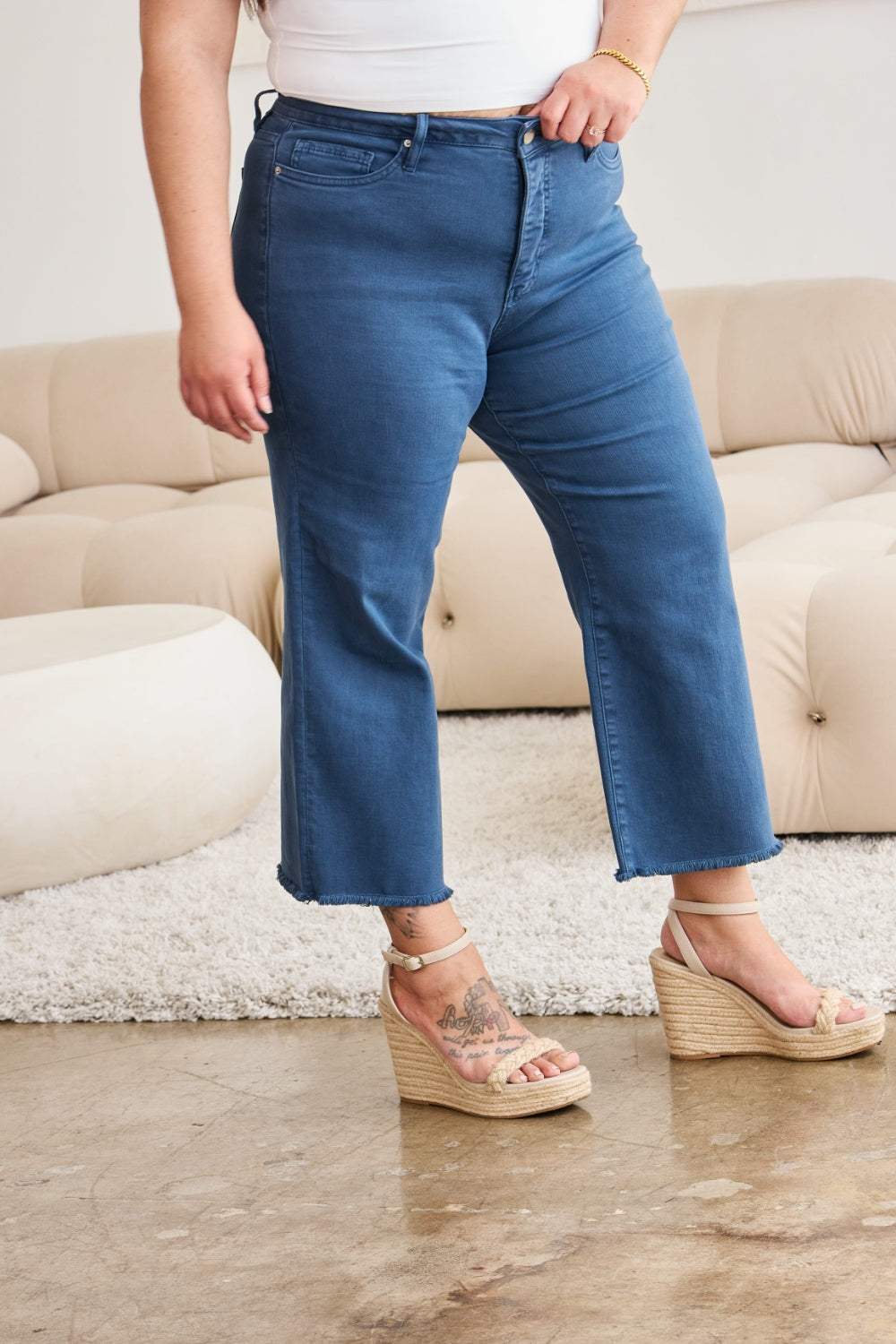RFM Crop Chloe Full Size Tummy Control High Waist Raw Hem Jeans - Trendsi - Flyclothing LLC