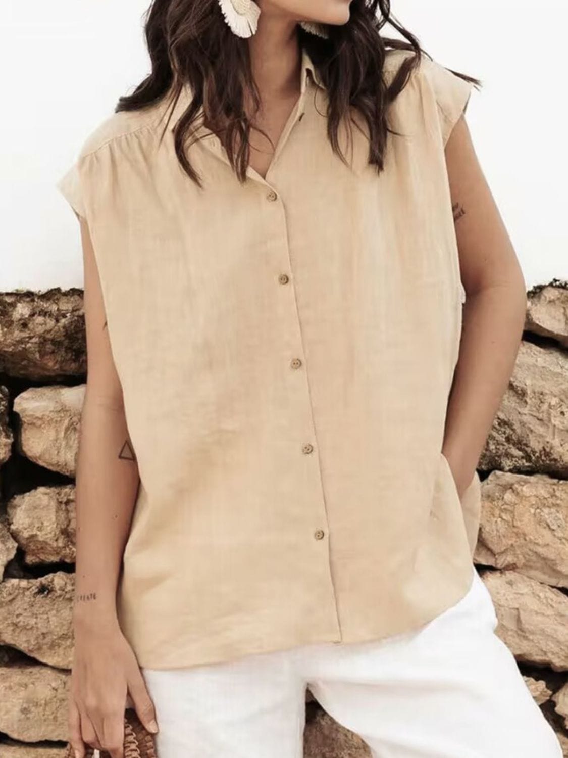 Button Up Collared Neck Cap Sleeve Shirt - Trendsi