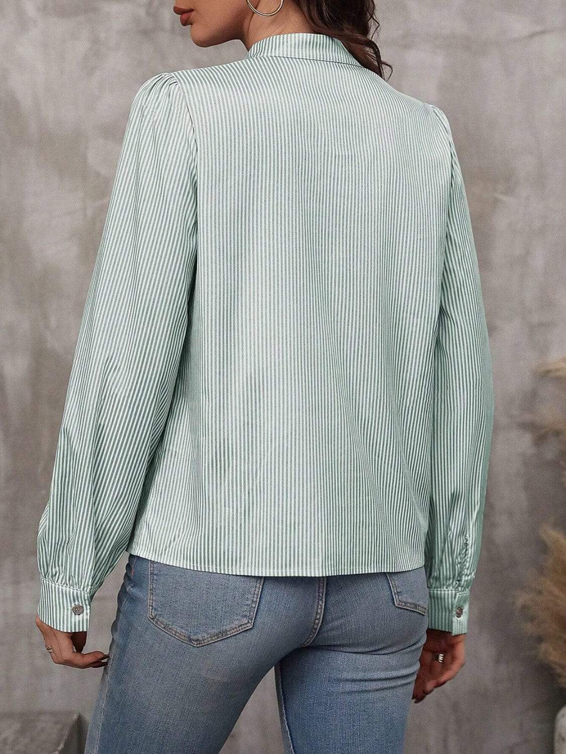 Striped Tie Neck Long Sleeve Blouse - Trendsi - Flyclothing LLC
