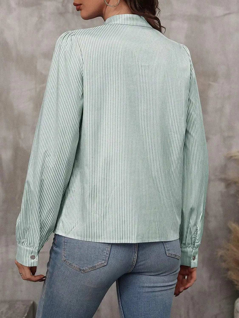 Striped Tie Neck Long Sleeve Blouse - Trendsi - Flyclothing LLC