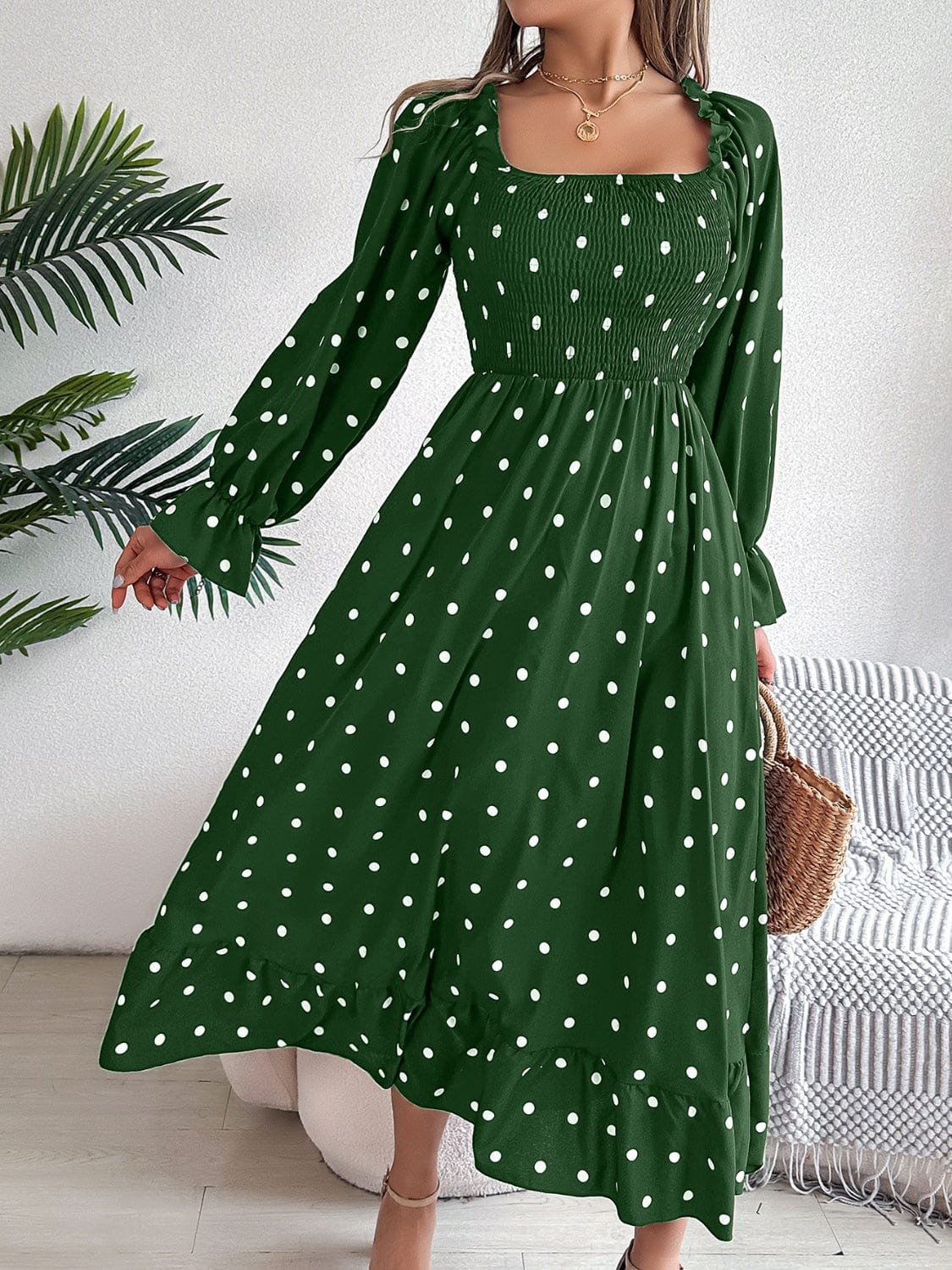 Polka Dot Flounce Sleeve Midi Dress - Trendsi