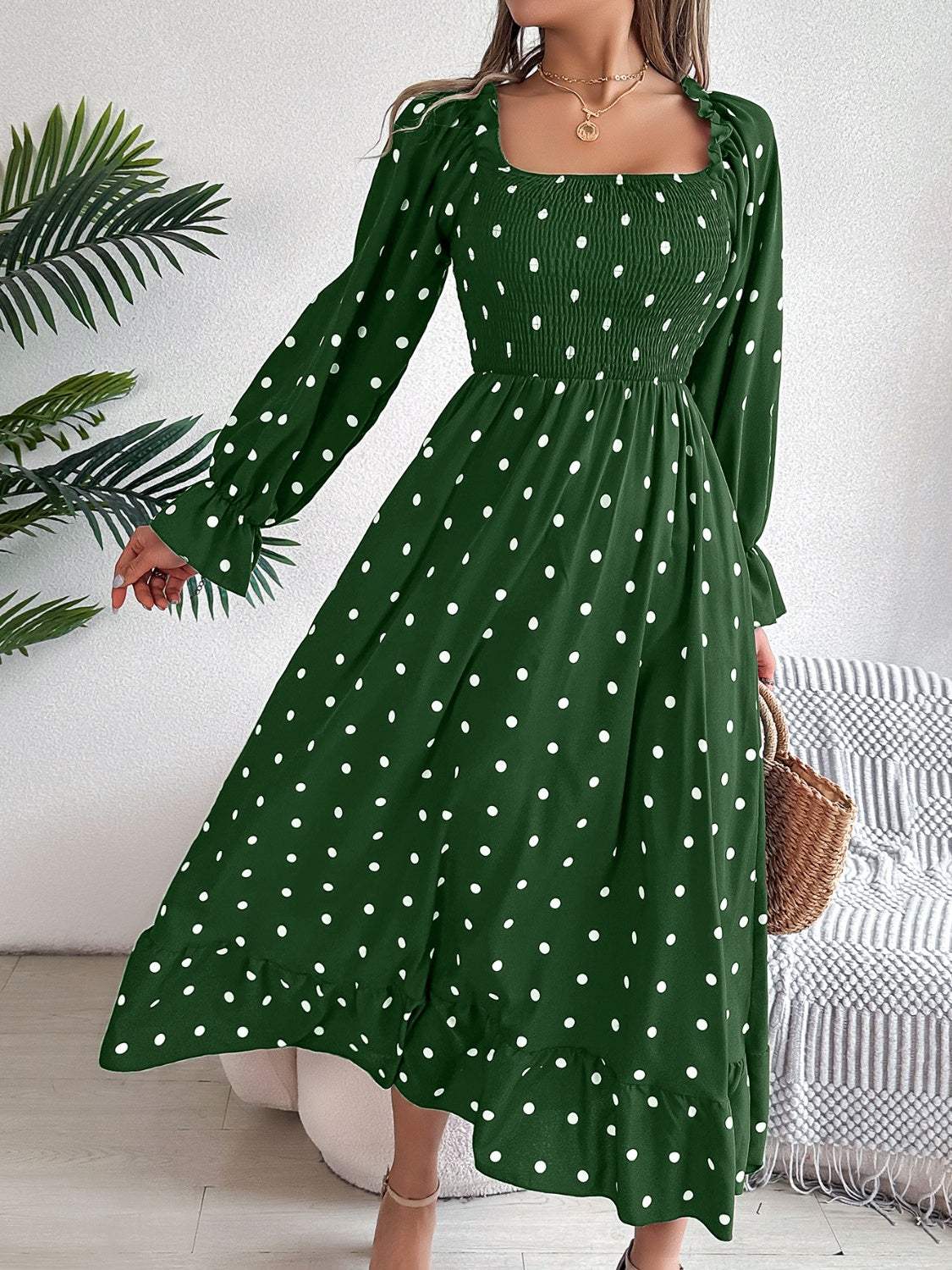 Polka Dot Flounce Sleeve Midi Dress - Trendsi - Flyclothing LLC