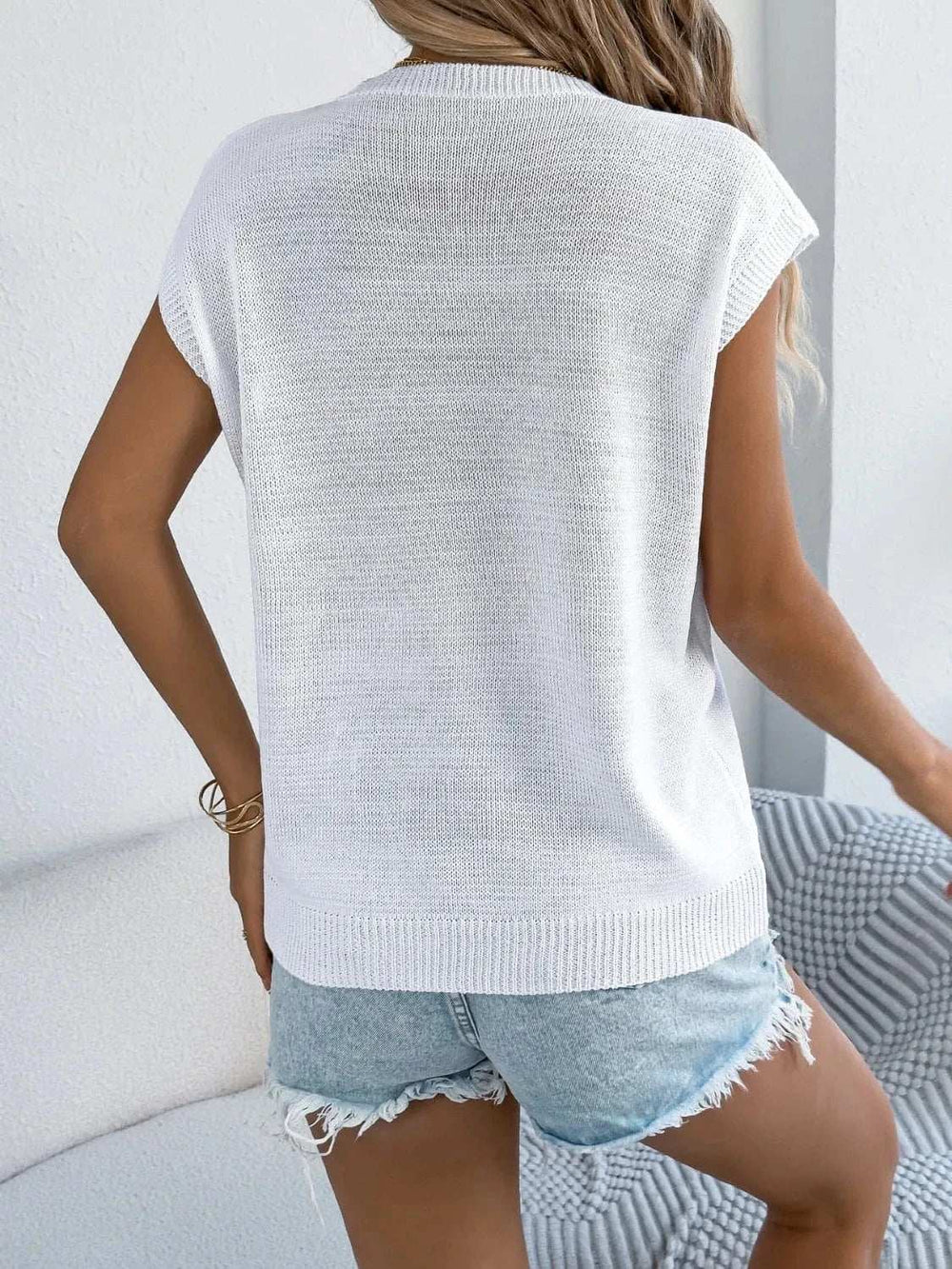 Cable Knit Heart Round Neck Cap Sleeve Knit Top - Trendsi - Flyclothing LLC