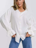 Button Up Flounce Sleeve Shirt - Trendsi - Flyclothing LLC
