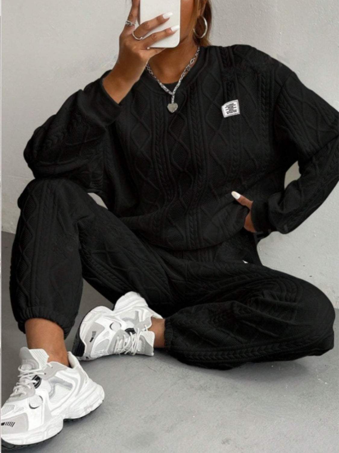 Texture Round Neck Long Sleeve Top and Pants Set - Trendsi - Flyclothing LLC