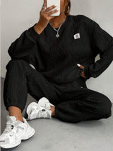 Texture Round Neck Long Sleeve Top and Pants Set - Trendsi - Flyclothing LLC