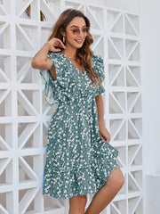 Ruffled Ditsy Floral Surplice Mini Dress - Trendsi