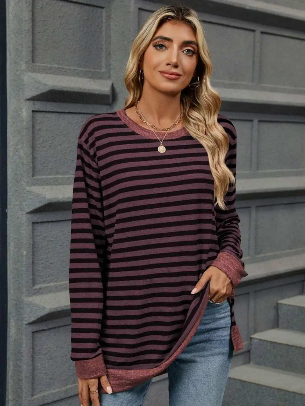 Striped Round Neck Long Sleeve T-Shirt - Trendsi - Flyclothing LLC