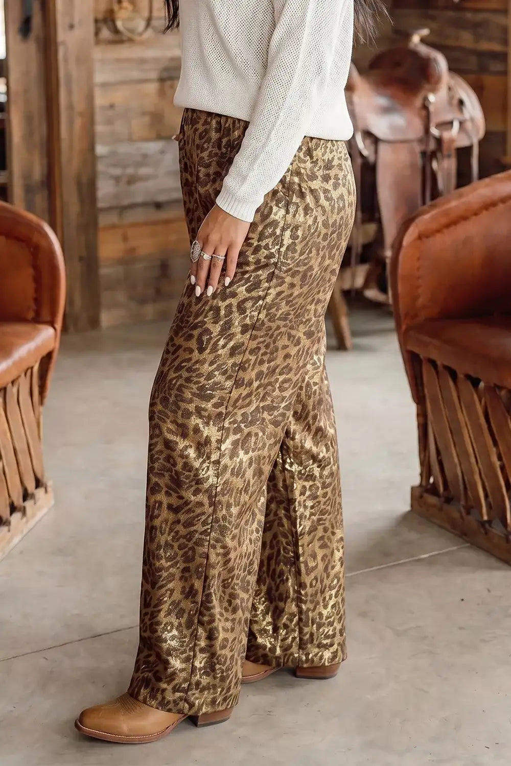 Multicolour Leopard Print Western Style Wide Leg Full Length Pants - Trendsi - Flyclothing LLC
