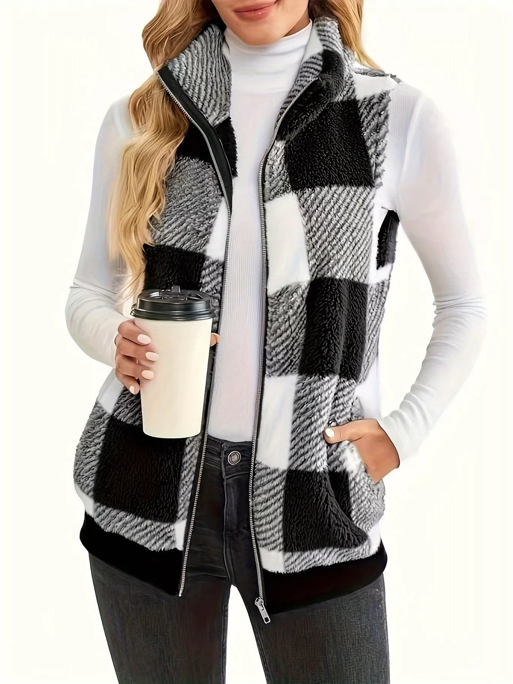 Plus Size Cozy Plaid Fleece Vest Coat - Trendsi - Flyclothing LLC