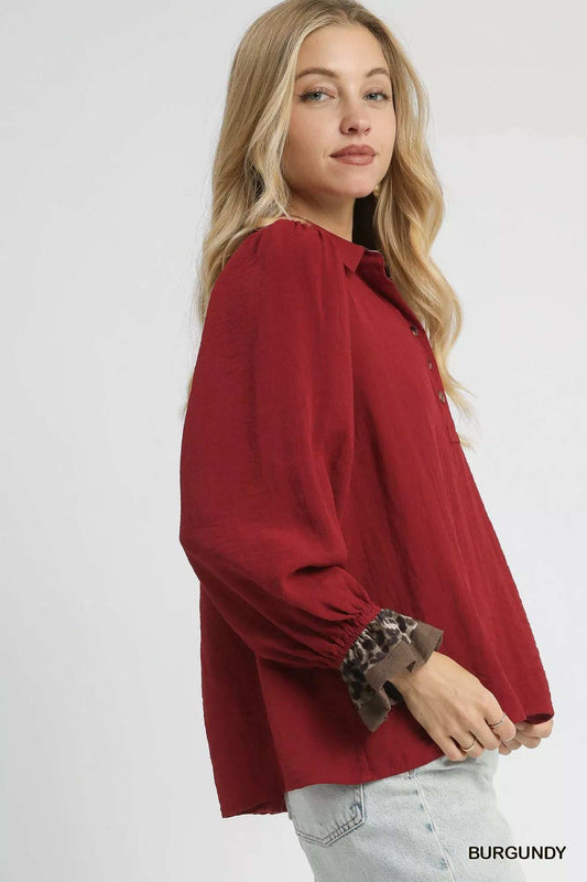 Umgee Half Button Blouse with Leopard Print Trim - Trendsi - Flyclothing LLC