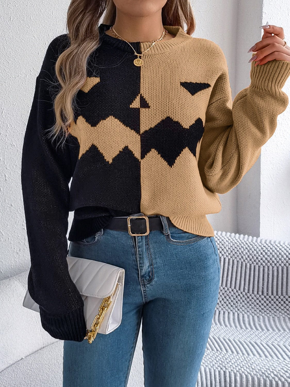 Contrast Round Neck Long Sleeve Sweater - Trendsi