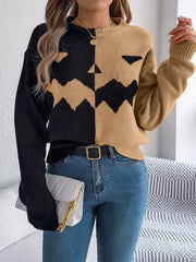 Contrast Round Neck Long Sleeve Sweater - Trendsi