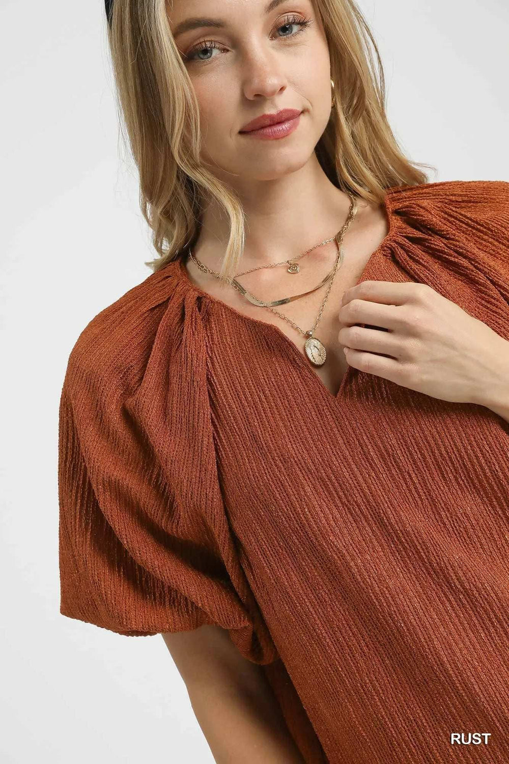 Umgee Textured Flutter Sleeve Notch Neck Top - Trendsi - Flyclothing LLC