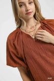 Umgee Textured Flutter Sleeve Notch Neck Top - Trendsi - Flyclothing LLC
