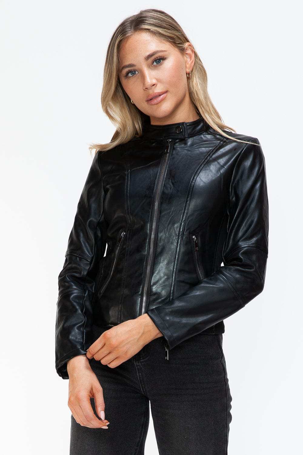 Snobbish Faux Leather Zip Up Drawstring Hooded Jacket - Trendsi - Flyclothing LLC