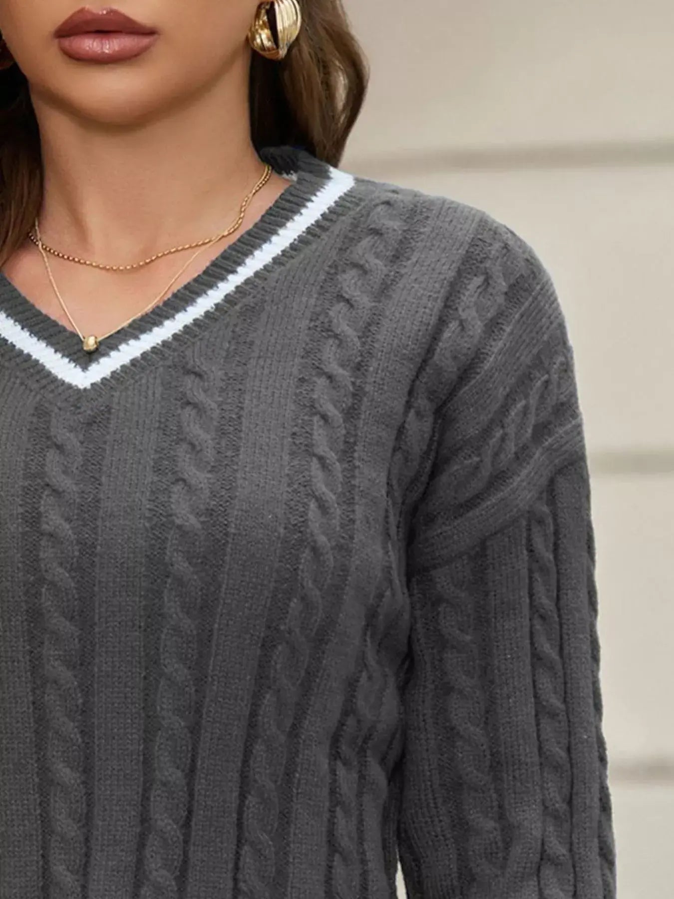 Classic Cable Knit V-Neck Sweater - Trendsi - Flyclothing LLC