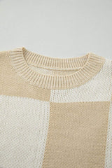 Checkered Round Neck Drop Shoulder Sweater - Trendsi - Flyclothing LLC