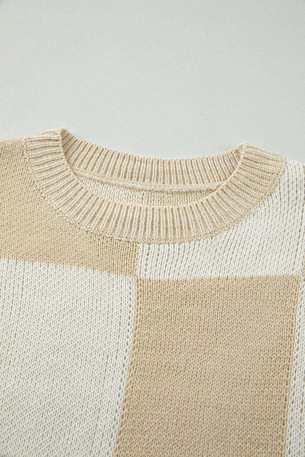 Checkered Round Neck Drop Shoulder Sweater - Trendsi - Flyclothing LLC