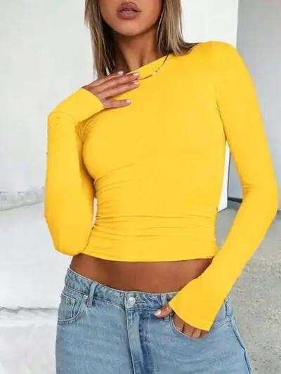 Solid Color Round Neck Long Sleeve T-Shirt - Trendsi - Flyclothing LLC