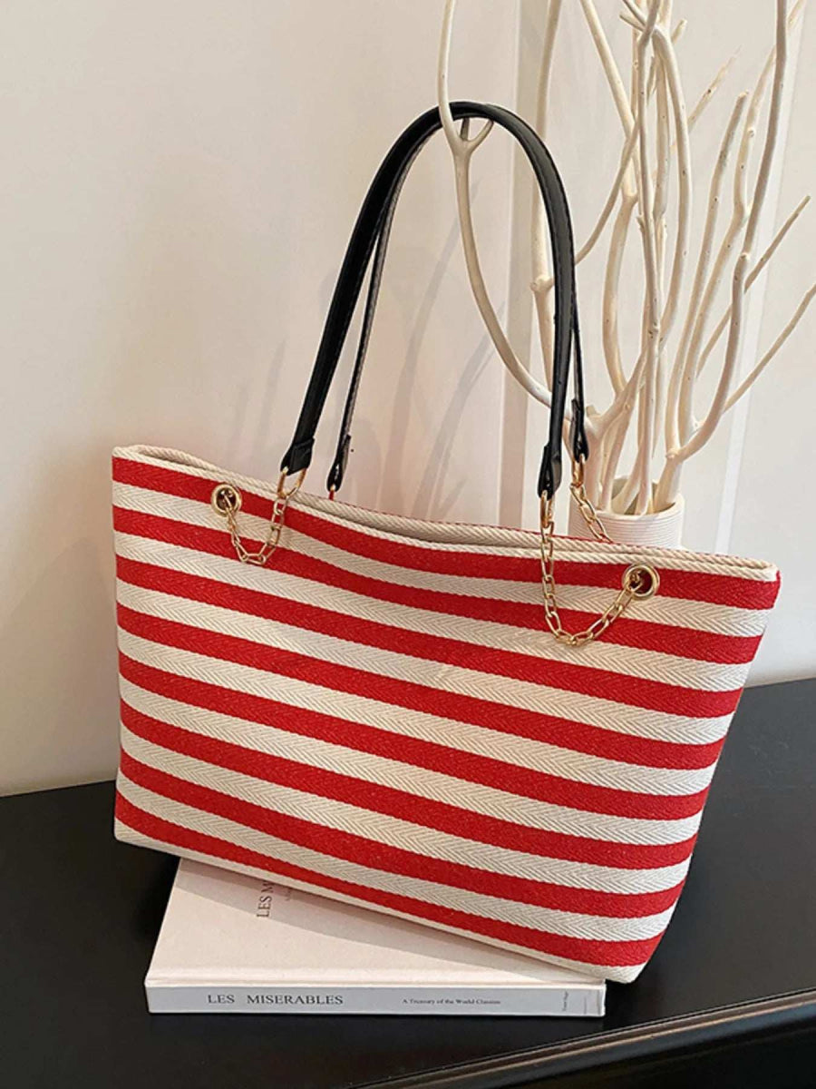 Striped Shoulder Bag with Chain Detail - Trendsi - Flyclothing LLC