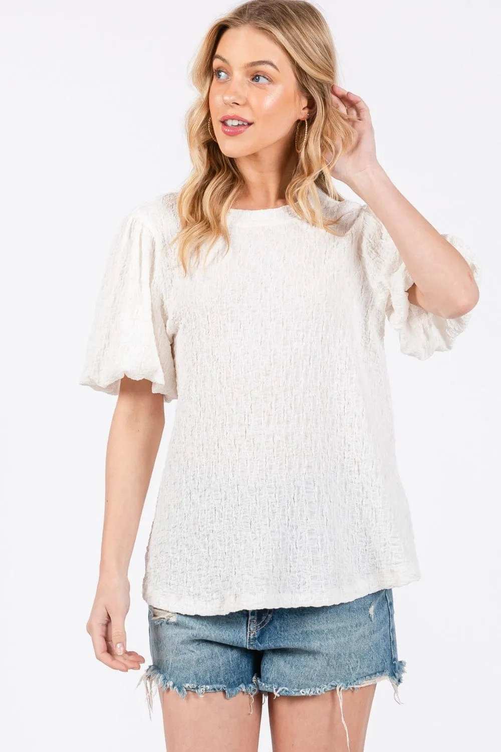 Ces Femme Textured Puff Sleeve Top - Trendsi - Flyclothing LLC