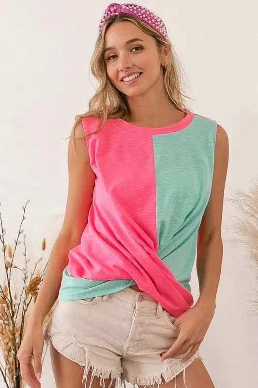BiBi Slub Terry Color Block Twisted Top - Trendsi - Flyclothing LLC