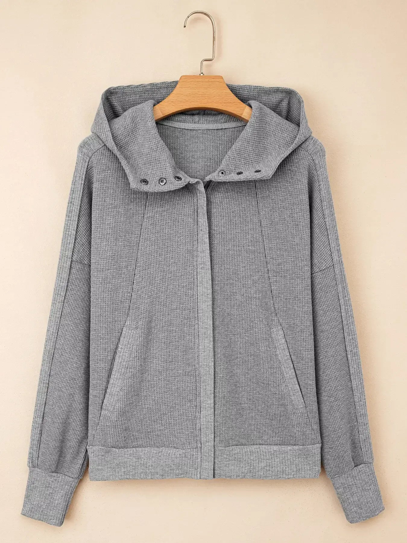 Waffle Splicing Zip Up Front Button Hooded Jacket - Trendsi - Flyclothing LLC