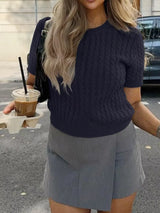 Cable-Knit Short Sleeve Sweater - Trendsi - Flyclothing LLC