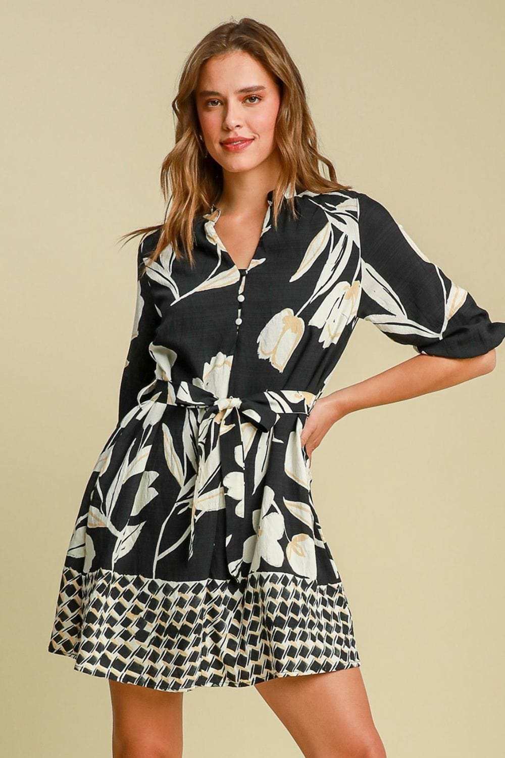 Umgee Full Size Floral Print Notched Tie Waist Mini Dress Plus Size - Trendsi - Flyclothing LLC