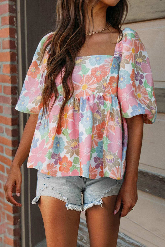 Printed Square Neck Half Sleeve Blouse - Trendsi - Flyclothing LLC
