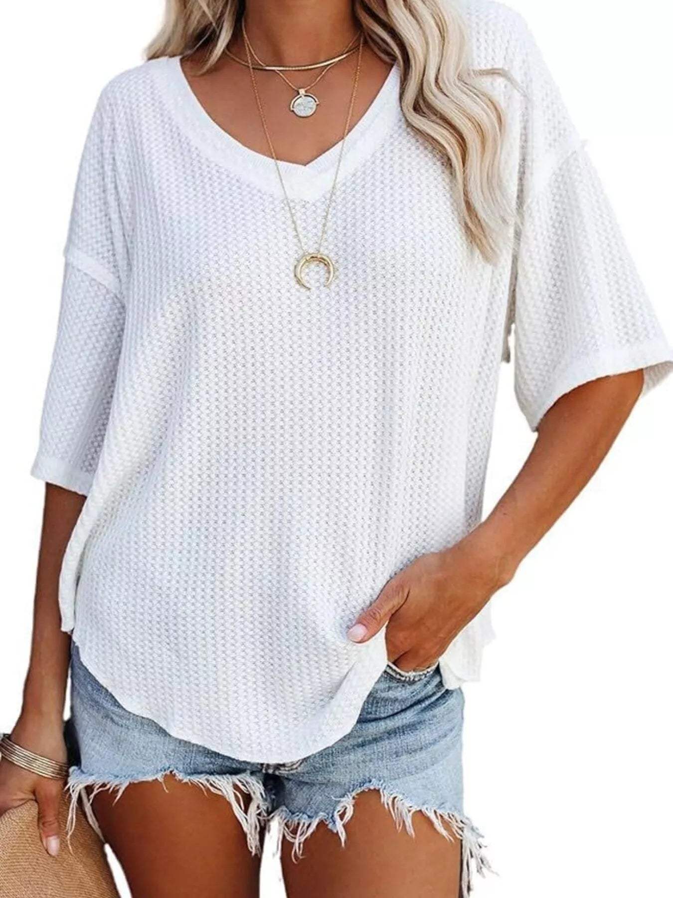 Waffle Knit V-Neck Short Sleeve T-Shirt - Trendsi - Flyclothing LLC