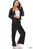 Zenana Velvet Zip Up Hoodie and Pants Set - Trendsi - Flyclothing LLC