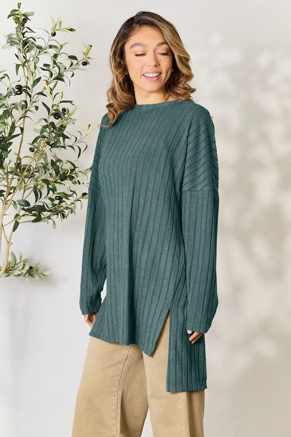 Basic Bae Full Size Ribbed Round Neck Long Sleeve Slit Top - ShopBasicbae - Flyclothing LLC