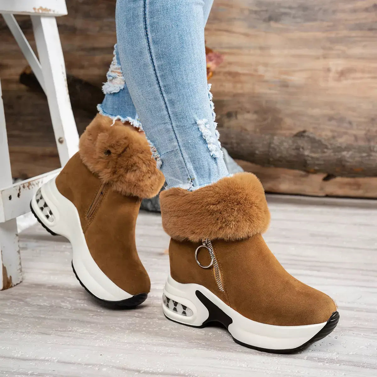 Fuzzy Side Zipper Platform Ankle Boots - Trendsi - Flyclothing LLC