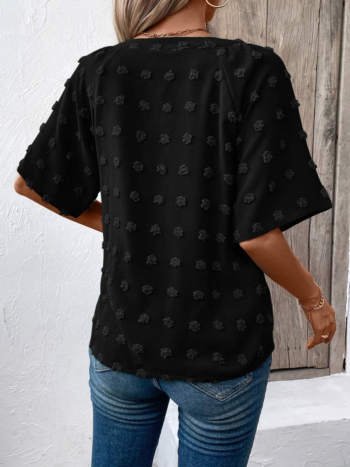 Swiss Dot Notched Half Sleeve Blouse - Trendsi - Flyclothing LLC