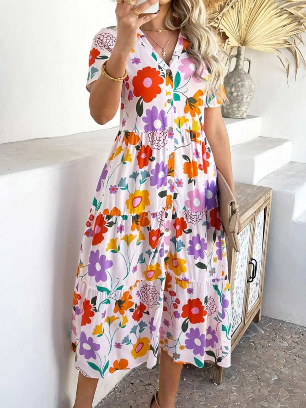 Devine Printed Johnny Collar Button Down Short Sleeve Midi Shirt Dress - Trendsi - Flyclothing LLC